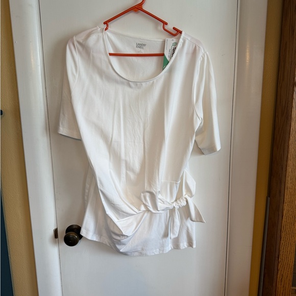 Lands' End Women's White Short Sleeve Top with Tie - Picture 1 of 4